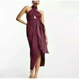 ASOS DESIGN washed halter cut out midi dress with tie waist in dusty purple Sz 8